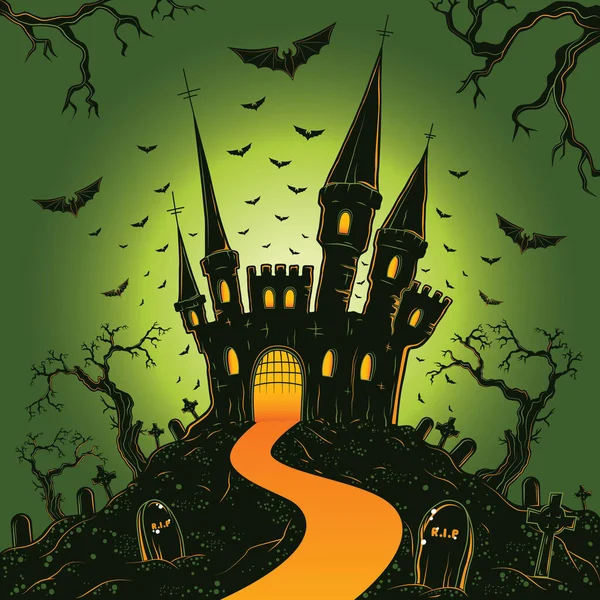 Cartão Vetor Halloween Com Casa Assombrada Morcegos —  Vetores de Stock