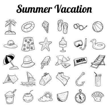 Plaj ve seyahat simgelerinin vektör kümesi