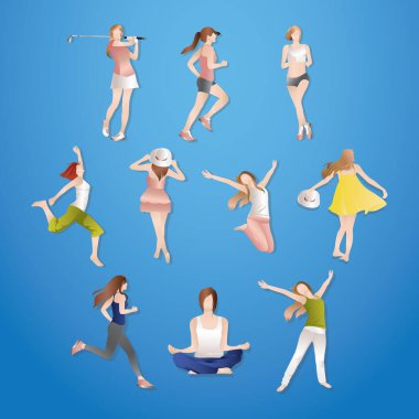 Çeşitli poziyonlarda kadın vektör kümesi.