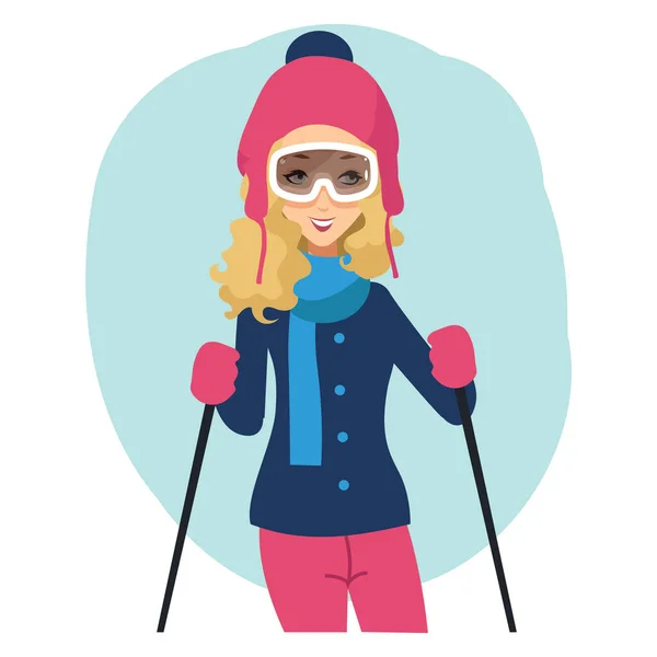 Mädchen Beim Skifahren Mit Einem Snowboard Auf Einem Stock Vektorflache — Stockvektor