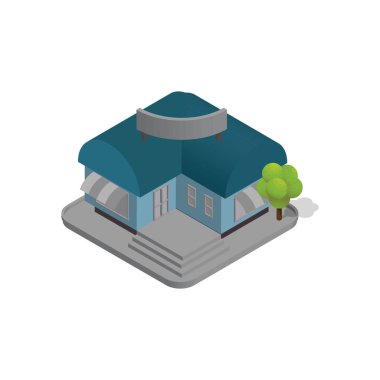 Çatısı ve ev vektörü çizimi olan şehir binasının izometrik düz tasarımı