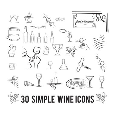 Şarap ikonları çizimi, tasarım vektörü illüstrasyonu