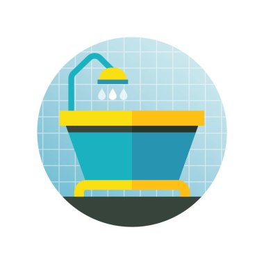 Havlulu küvet ve düz daire şeklinde tuvalet simgesi ağ için izole edilmiş vektör çizimi