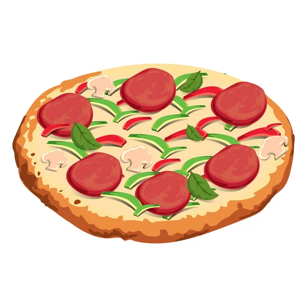 Pizza Met Salami Kaas Tomaten Olijven Basilicum Kruiden Geïsoleerd Witte — Stockvector