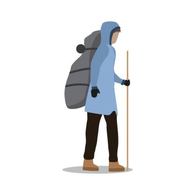 Sırt çantası ve beyaz bir arka planda çubuğu olan bir adamın vektör çizimi