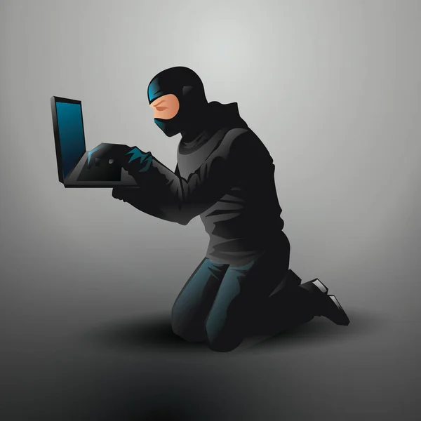 Hacker Een Zwarte Hoodie Met Een Laptop — Stockvector