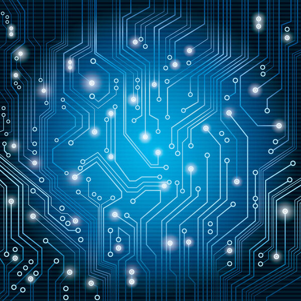 Blue circuit board, stylized vector illustration