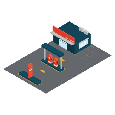 Isometric benzin istasyonu biçimlendirilmiş vektör illüstrasyonu