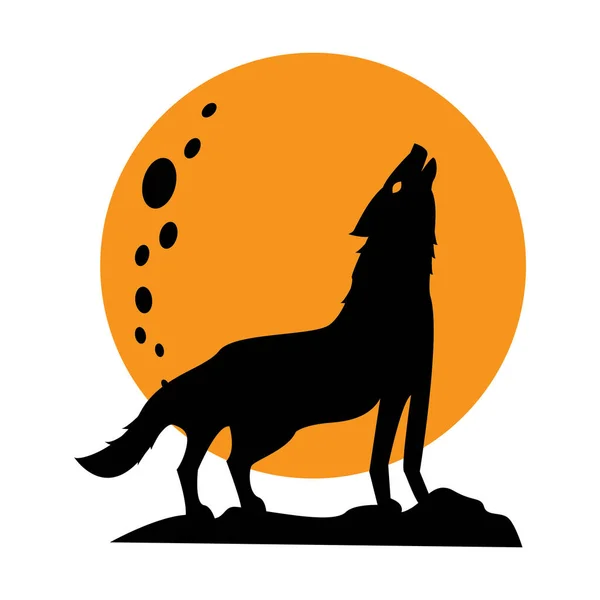 背景が白の月の遠吠え狼のシルエット — ストックベクタ