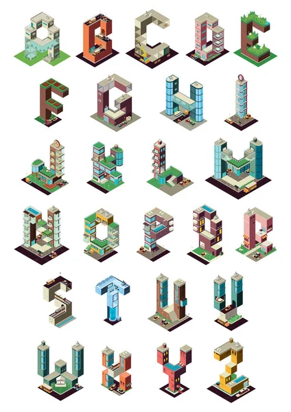 Isometrisches Stadtzentrum Mit Bausymbolen Flachen Stil Isolierte Vektorillustration — Stockvektor