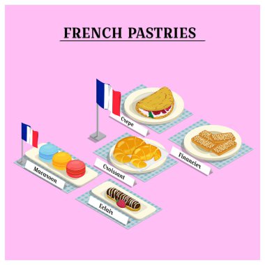 İzometrik 3d bayrağı olan vektör düz yiyecek ve finans simgeleri