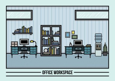 Mobilya ve vektör illüstrasyonlu ofis içi tasarımı