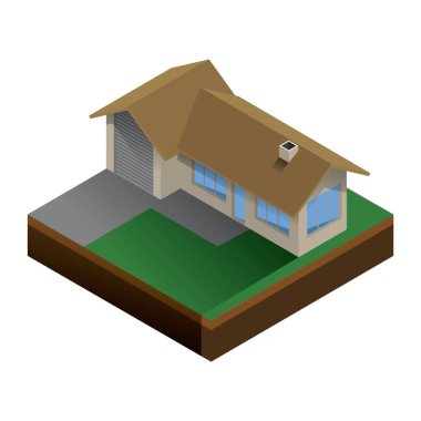 Yeşil çimenli ve beyaz arkaplanda yansıması olan izometrik 3D ev