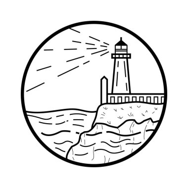 Beyaz arka planda izole edilmiş ana hatlı deniz feneri simgesi. seyahat sembolü çizimi.