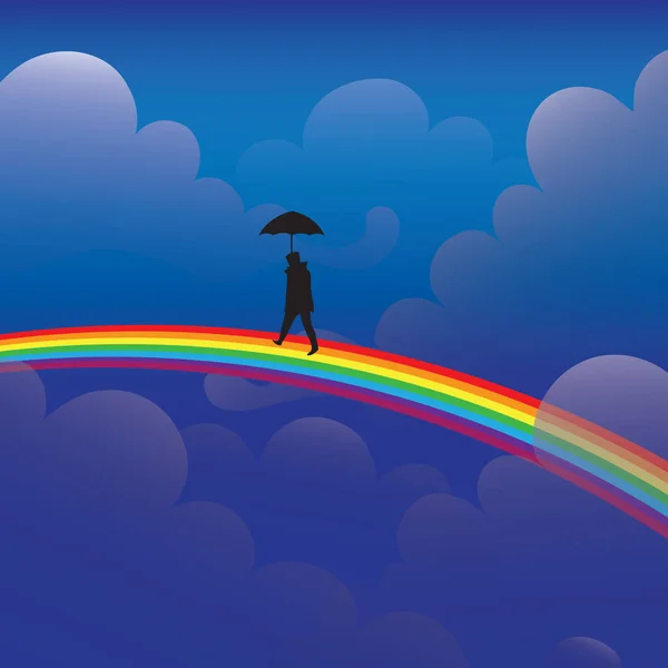 Man Met Paraplu Lopend Regenboog — Stockvector