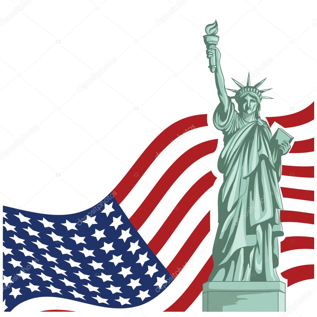 statue of liberty with flag of united states of america
