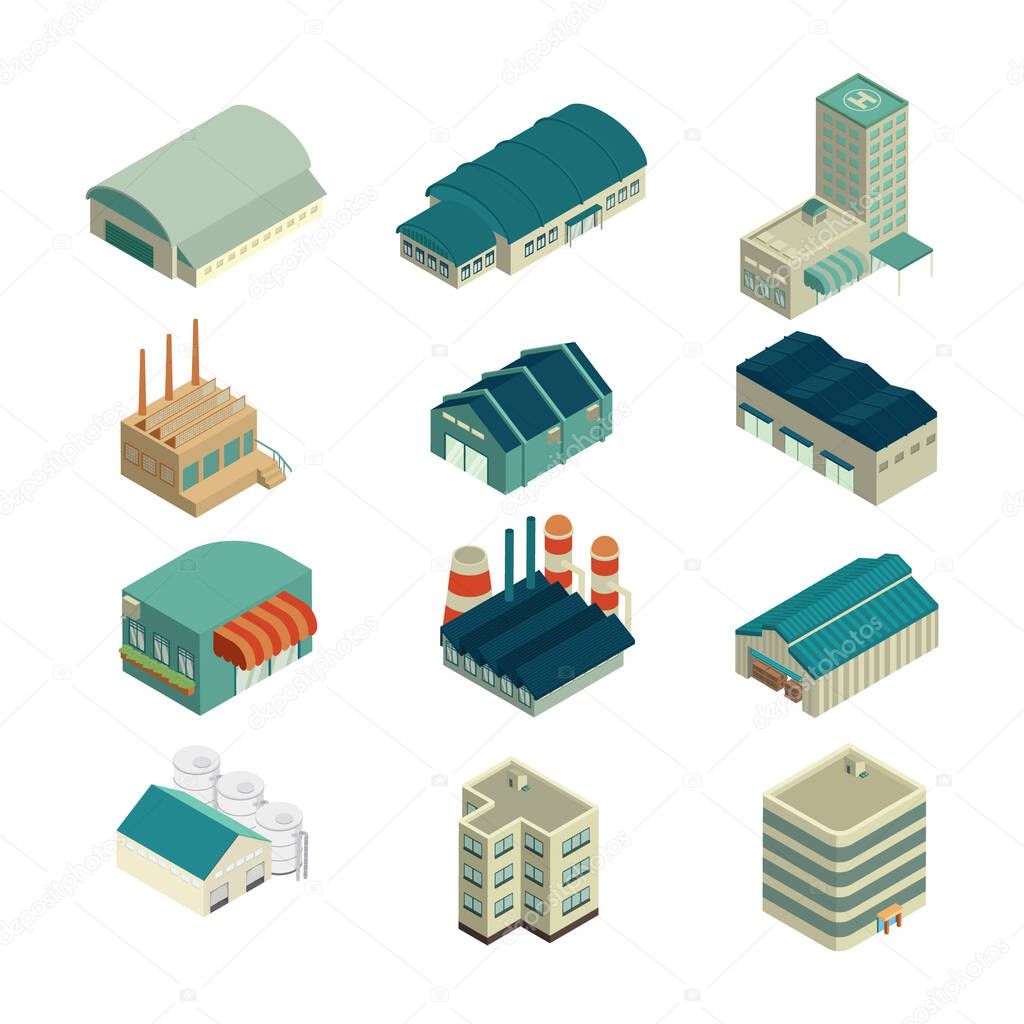 Isometric buildings  flat icon, vector illustration