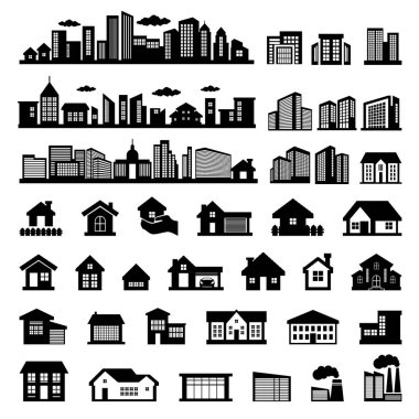 set of black silhouettes of different houses clipart