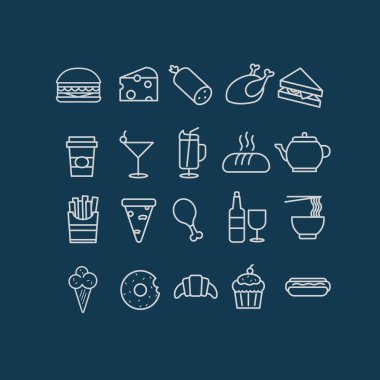 Yiyecek simgelerinin toplanması düz simge, vektör illüstrasyonu 