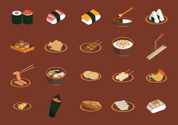 иконки японской еды в плоском стиле изолированы на белом фоне