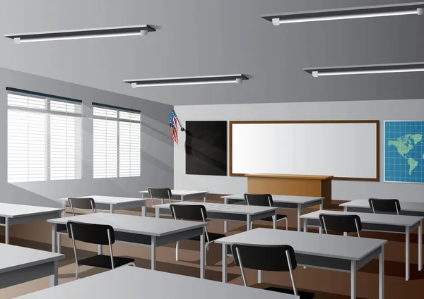 Salle Classe Avec Chaises Table Avec Fournitures Scolaires — Image vectorielle