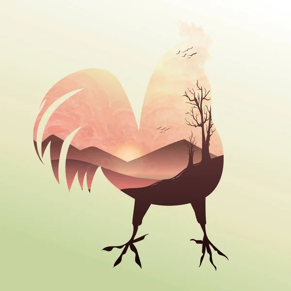 Ilustración Vectorial Gallo Puesta Del Sol — Vector de stock