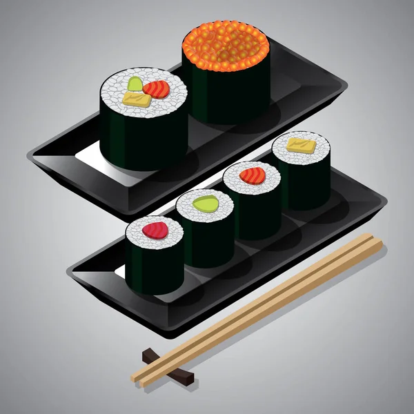 Sushi Set Dengan Sumpit Dan Kecap - Stok Vektor
