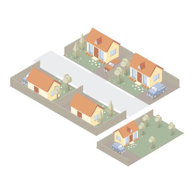 Mobilyalarla şehrin izometrik görüntüsü.