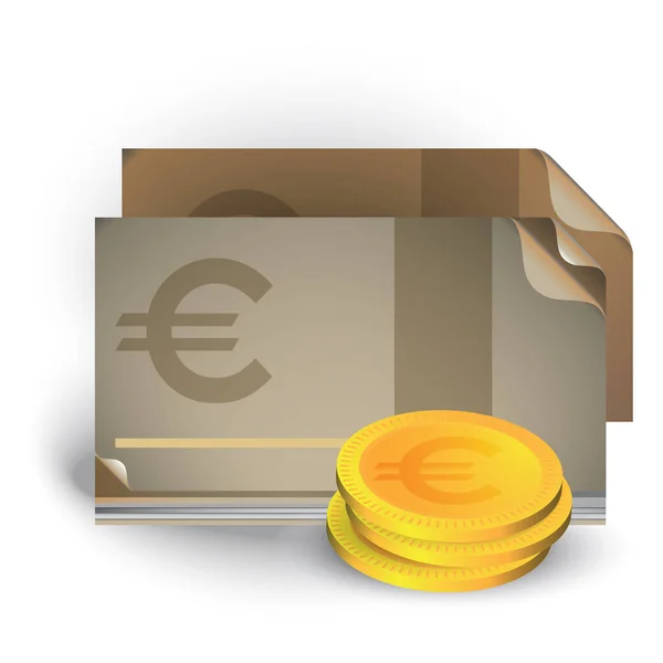 Goldenes Euro Symbol Und Münzen Auf Weißem Hintergrund — Stockvektor