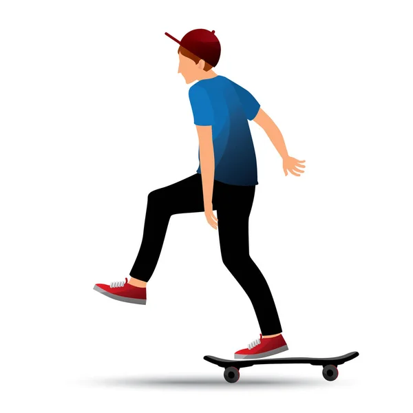 Young Man Blue Shirt Riding Skateboard White Background — Stock Vector