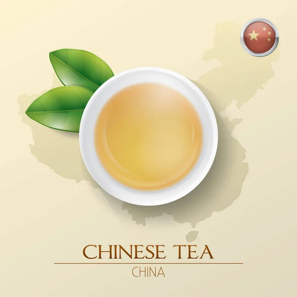 Taza Con Hojas Verdes Texto China — Vector de stock