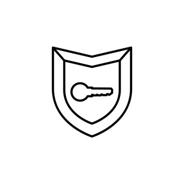 Beyaz arkaplanda izole edilmiş ana hat biçiminde kalkan simgesi. Koruma sembolü çizimi.