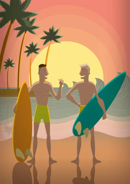 Hombres Con Tablas Surf Icono Plano Ilustración Vectorial — Archivo Imágenes Vectoriales