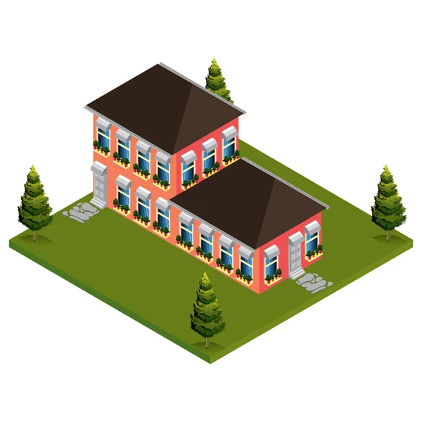 Vue Isométrique Une Maison Avec Une Petite Maison Bois — Image vectorielle