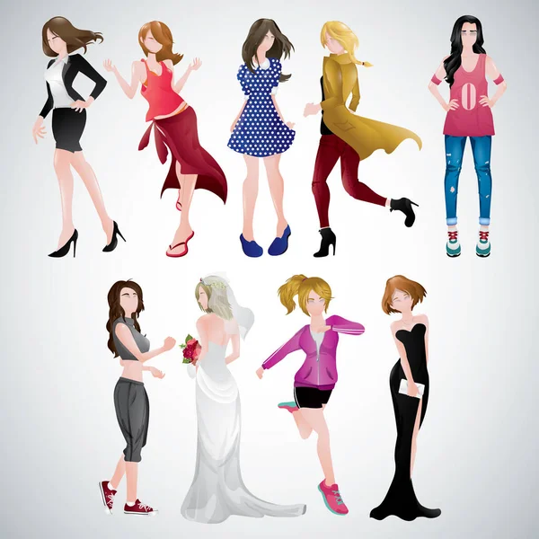 Vector Illustration Set Women Flat Style — Stock Vector