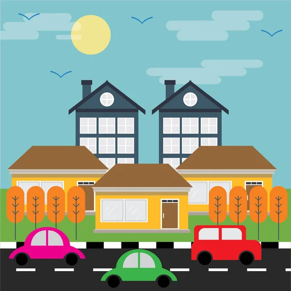 Vector Illustration Modern City Building Houses Cars — Stock Vector