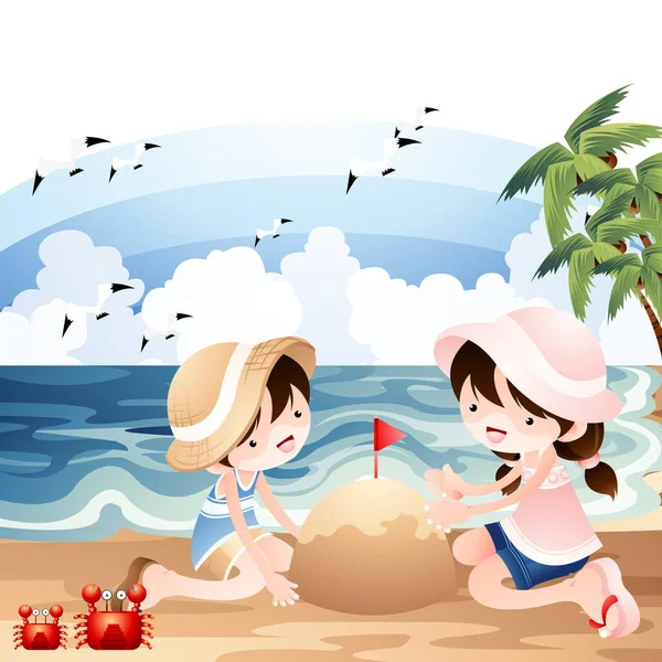 Illustration Eines Mädchens Strand — Stockvektor