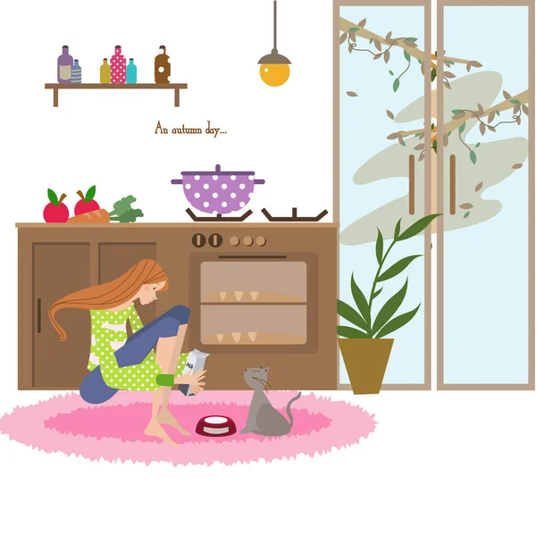 Ilustración Vectorial Una Chica Una Habitación Con Gato — Vector de stock