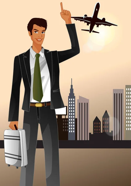 Businessman Suitcase Plane Background City — Stock Vector