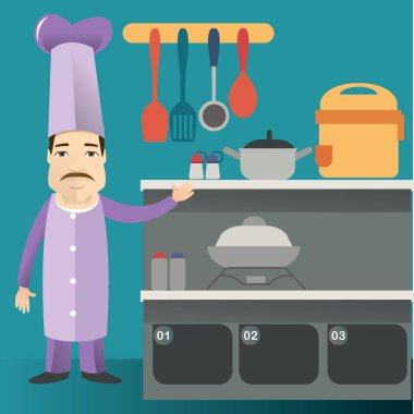 Mutfak gereçleri ve yemek pişiren vektör çizgi film karakteri