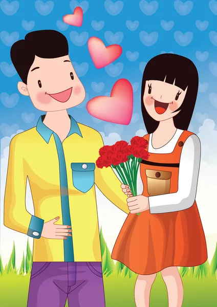 花束を持ったカップルのベクトル図です — ストックベクタ