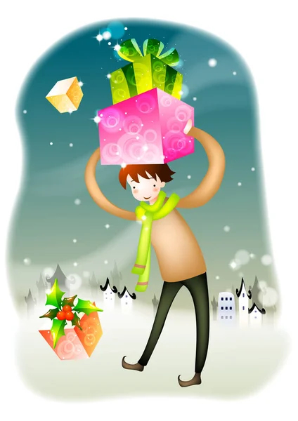Illustration Girl Christmas Hat Gift — Stock Vector