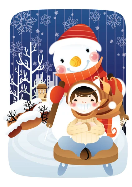 Ilustración Muñeco Nieve Con Árbol Navidad — Vector de stock
