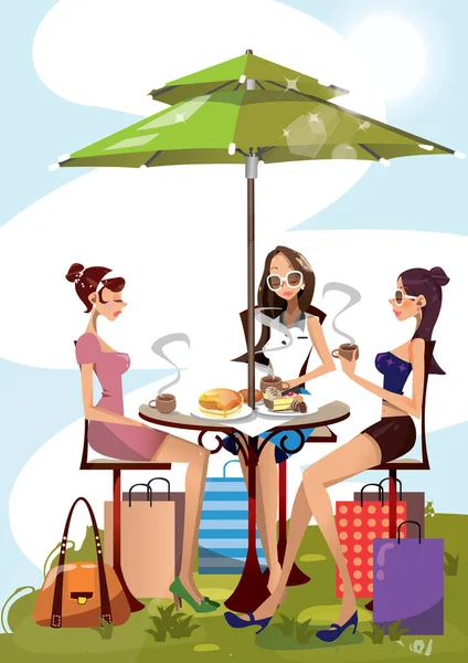 Ilustração Uma Menina Uma Mulher Café —  Vetores de Stock