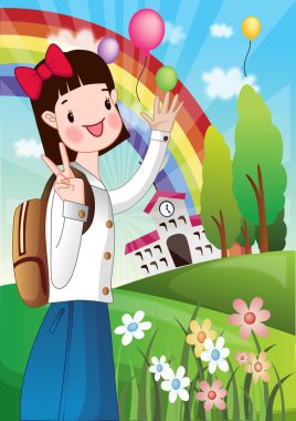 Pembe elbiseli, çiçekli bir kız resmi.