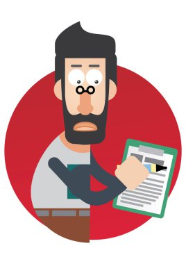 Kırmızı elbiseli, sakallı ve tablet bilgisayarlı bir adam.