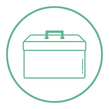 Web, mobil ve bilgi grafikleri için araç kutusu simgesi. Mavi bir dairede beyaz, ince ve kırmızı vektör.