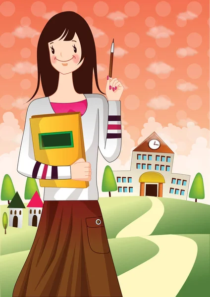 Иллюстрация Девушки Школьном Платье Рюкзаком — стоковый вектор