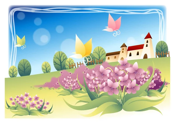 Illustration Einer Landschaft Mit Einer Burg — Stockvektor