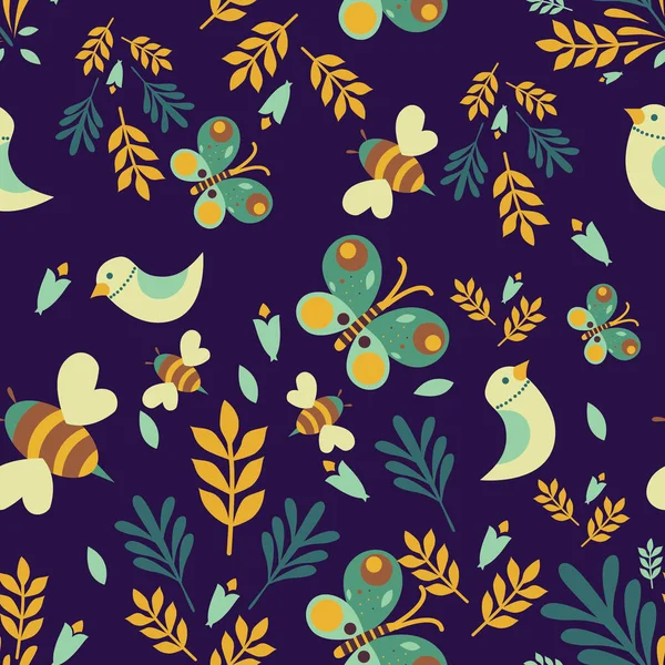 Patrón Inconsútil Abstracto Con Flores Pájaros Sobre Fondo Azul — Archivo Imágenes Vectoriales